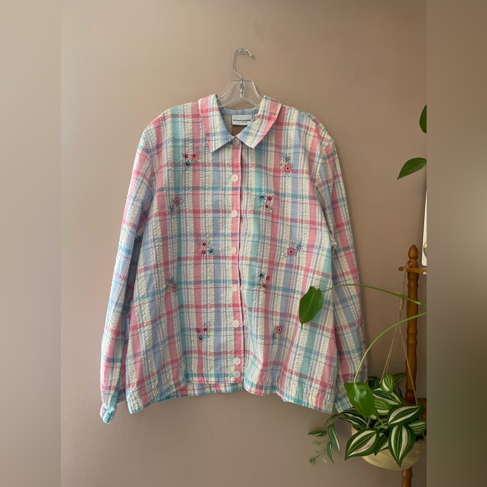 Alfred Dunner Pastel Plaid Print & Floral Embroidered Thin Bomber Jacket